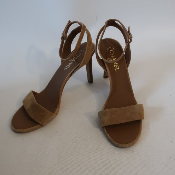 Authentic Womens Chanel Tan Suede Strappy Ankle Strap Heels 41 US/10 - Picture 1 of 14